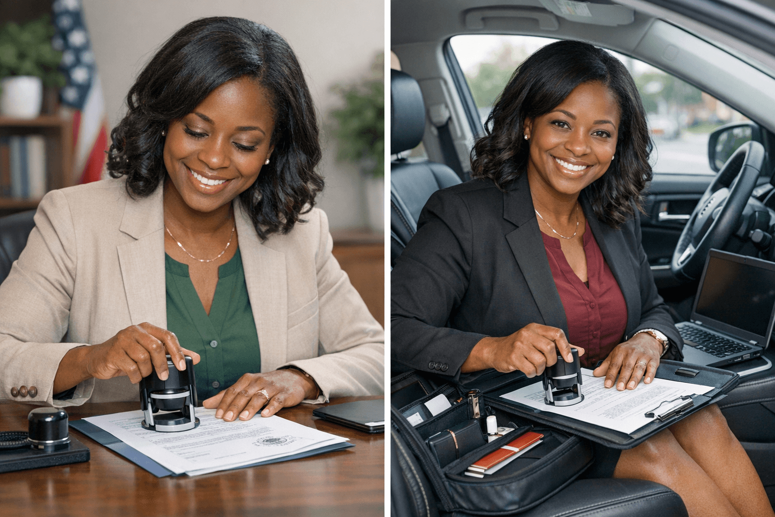 Black female notary with stamp at a table and in a car