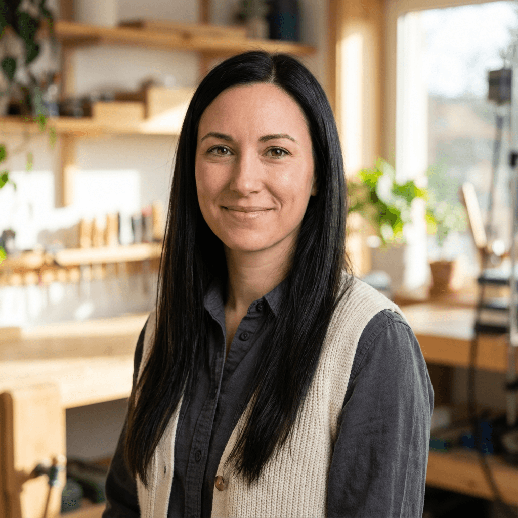 Portrait of a woman in her 40s in a bright salon