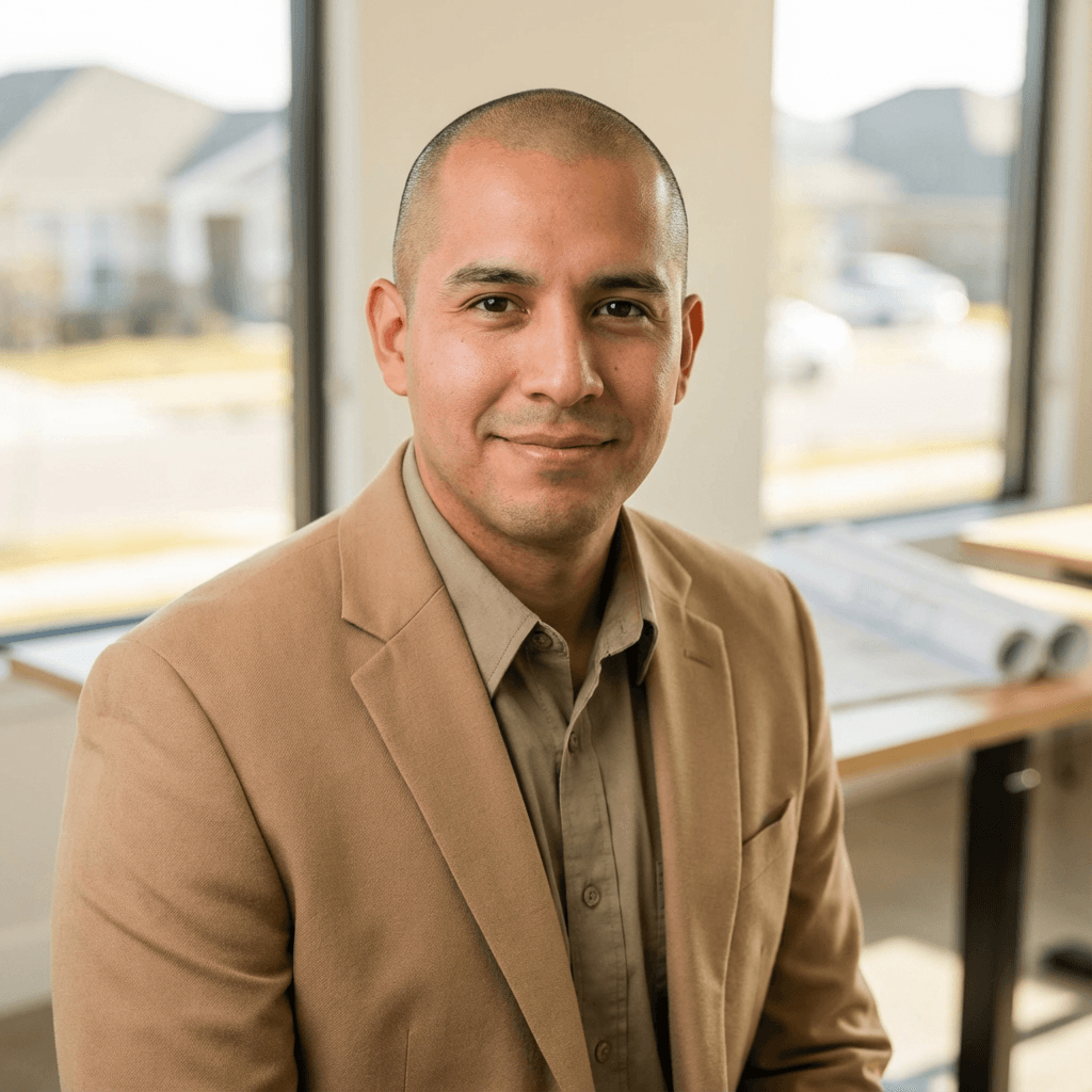 Portrait of a man in his 40s standing outside a new home