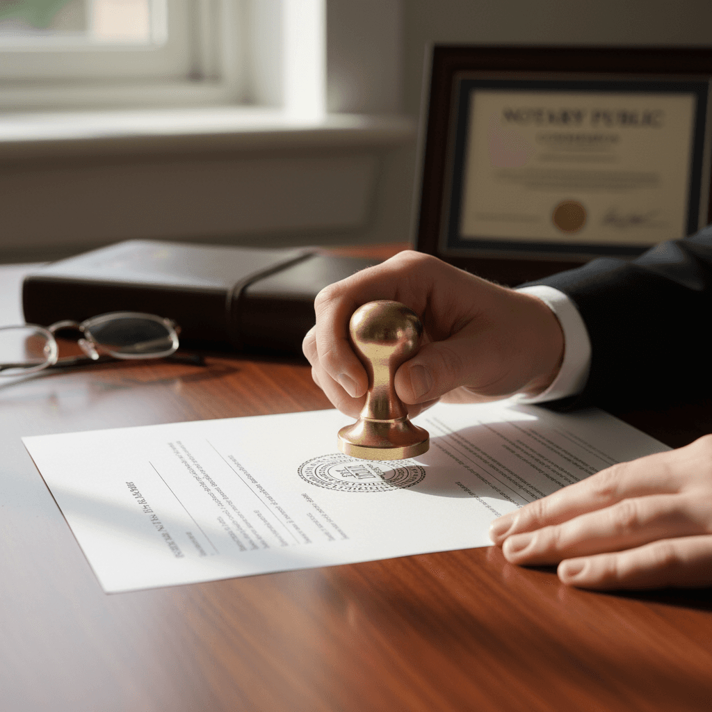 Notary stamp and documents on a desk